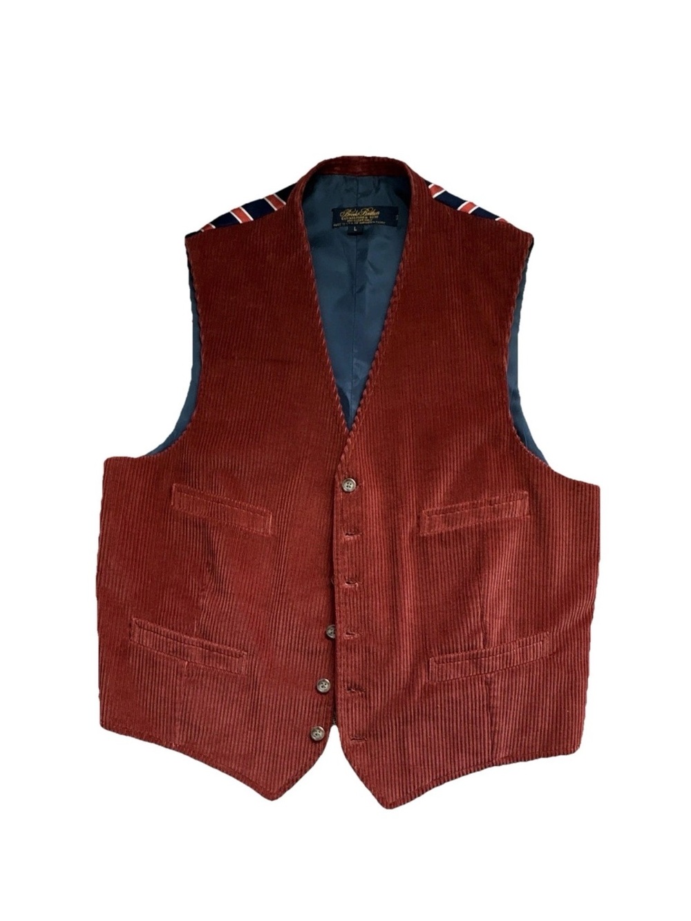 Vintage‎ 90s Brooks Brothers Rust Corduroy Vest Navy Lining Bold Striped Back